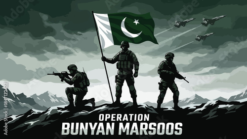 Operation Bunyan Marsoos, Pakistani Soldiers & Fighter Jets Patriotic Landscape Illustration, operation bunyan marsoos, pakistani soldiers illustration, pakistan military vector, pak army, 