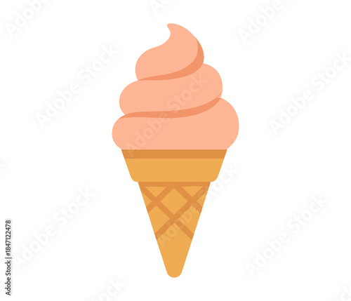 Flat style ice cream cone with waffle cone and swirled pink soft serve ice cream
