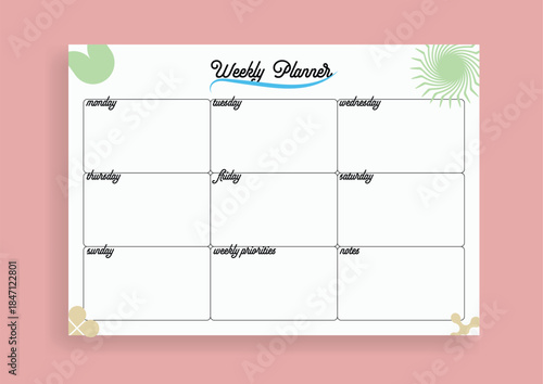 Weekly Planner Layout: A simple and elegant weekly planner design, ideal for organizing schedules and tasks, perfect for both personal and professional use. 