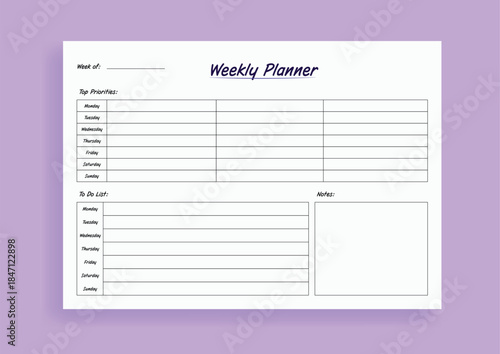 Weekly Planner:  A well-structured weekly planner to help you stay organized and on top of your goals. Focus on prioritizing tasks and managing your schedule effectively.