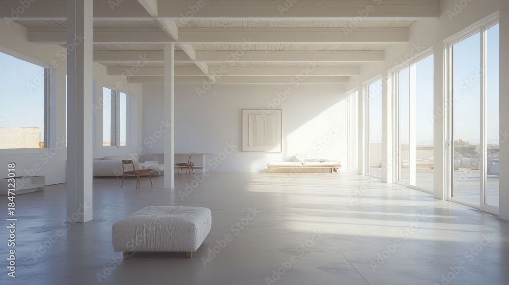 Fototapeta premium Airy loft interior, white wall and minimal furniture 
