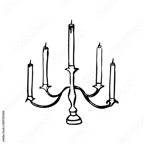 Hand drawn sketch of a vintage five-arm candelabra with burning candles