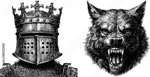 Medieval Knight Helmet and Snarling Wolf Illustration