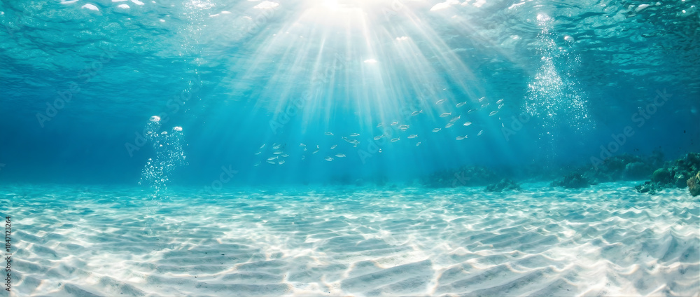 Fototapeta premium Clear turquoise underwater ocean scene with sunlight rays, white sand, and small fish.