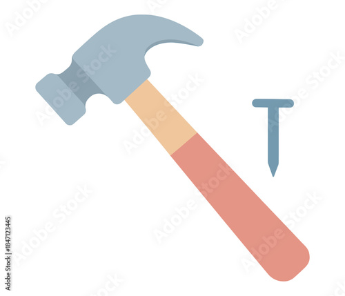Flat design hammer icon with nail for construction and tools themes