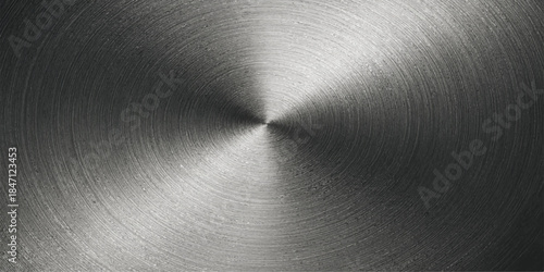 Shiny circular brushed metal plate texture with a grey metallic stainless steel surface pattern and industrial silver chrome finish reminiscent of a vinyl record background