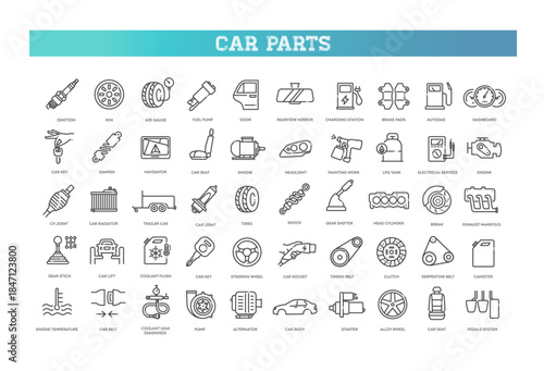 Car Parts Icons Set. Automotive Spare Parts Line Icons, Vehicle Service and Repair Symbols