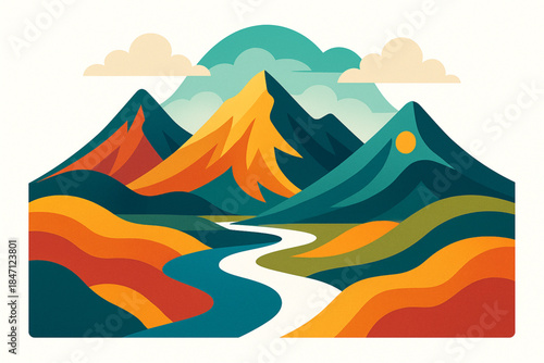 Stylized Ecuadorian Andes Landscape Illustration with Mountains, Rivers, Clouds, Abstract Geometric Vector Art, White Background