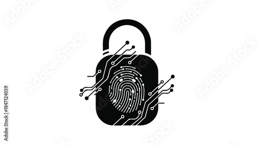 Secure lock with fingerprint scan and digital waves on white background, symbolizing cybersecurity and data protection with modern technology