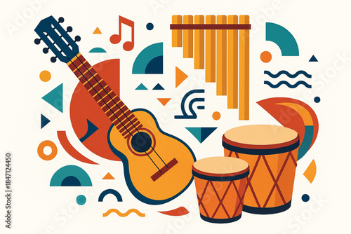Stylized Ecuadorian Music Illustration with Charango, Rondador, Drums, Abstract Geometric Vector Art, White Background