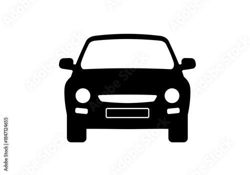 A simple front view silhouette of a modern car black icon on white