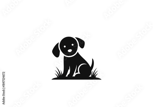 Cute black silhouette puppy dog sitting in grass icon logo vector design