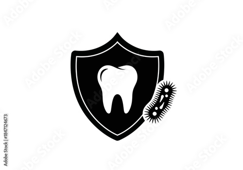 Dental protection shield icon with tooth and bacteria symbol vector graphic for oral hygiene and health concept