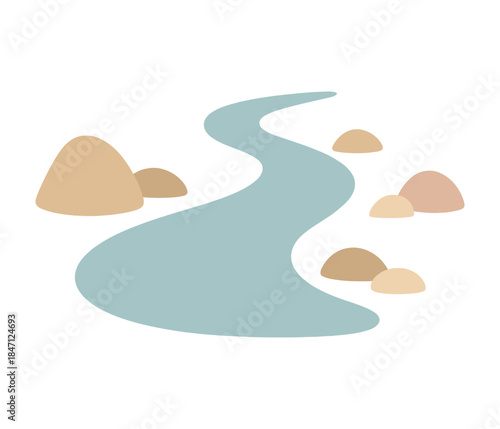 Minimalist nature landscape with stream and rocks in earth tones