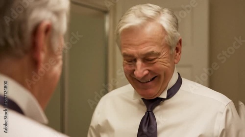 Senior Man Adjusting Tie in Mirror, Reflecting Nervousness and Excitement
