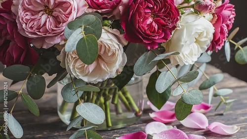 Romantic Close up of Wild Garden Roses and Eucalyptus in a Glass Vase