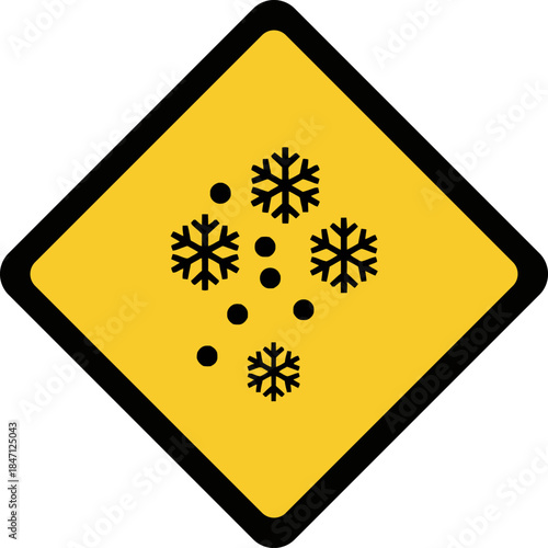 Yellow Diamond Warning Sign with Snowflakes and Dots Icon Winter Weather Alert Symbol Cautionary Graphic
