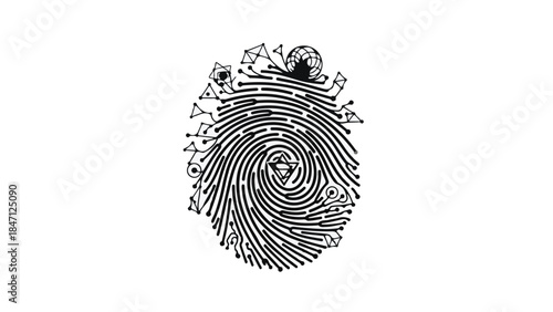 Fingerprint with bursting particles and dynamic lines on white background, symbolizing identity, security, and technology concepts