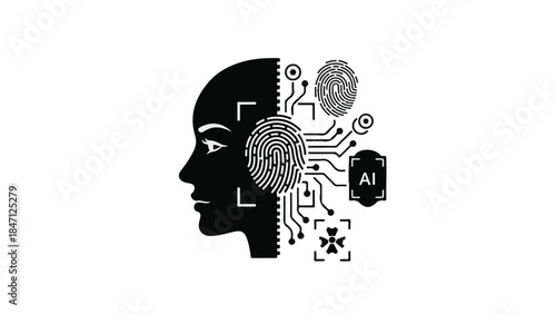 Artificial intelligence human brain circuit board technology concept with black and white illustration of side profile face and robotic elements