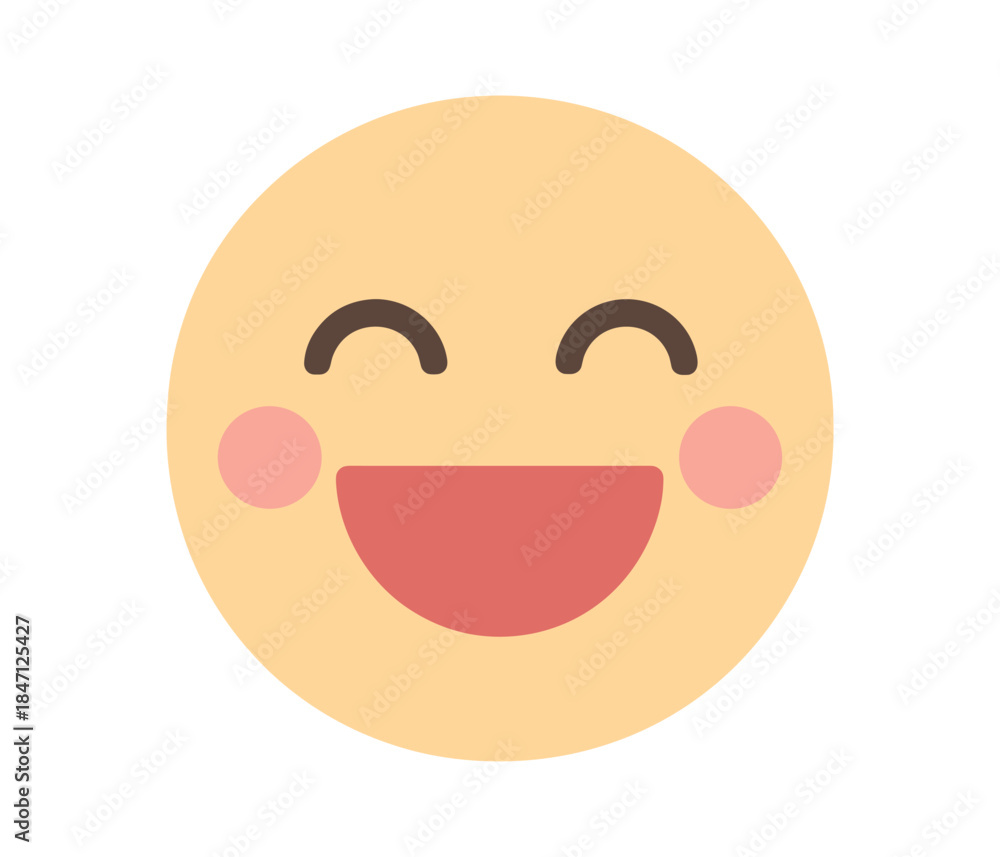 Fototapeta premium Smiling face emoji with open mouth and rosy cheeks in flat style