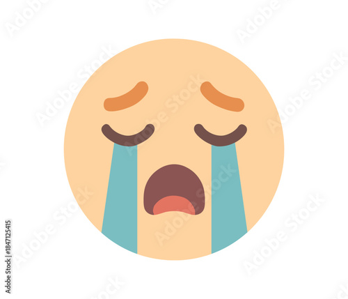 Crying face emoji with tears and frown in flat style on circular background