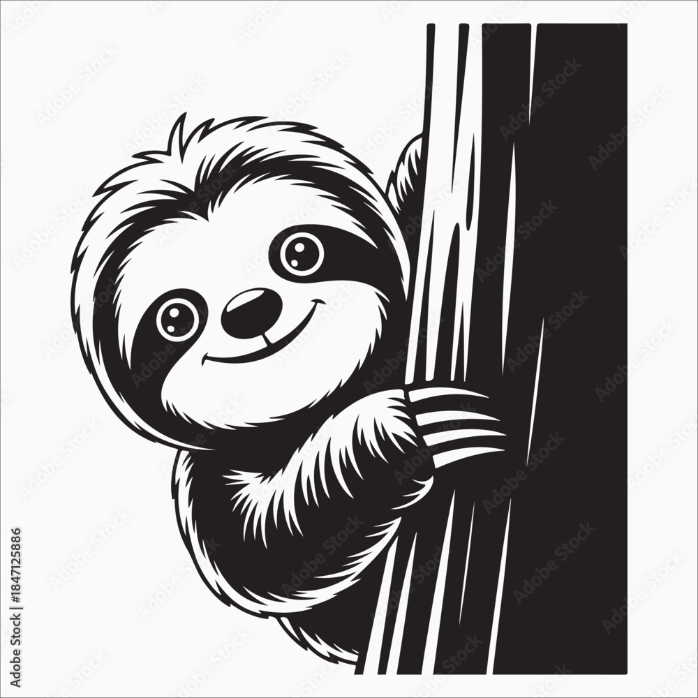 Obraz premium Playful sloth peeking around tree silhouette vector illustration