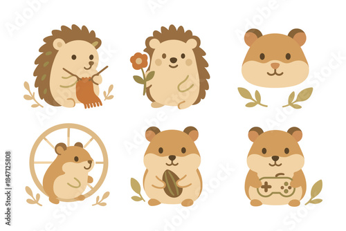 Cute hamsters and hedgehogs in flat style with adorable activities for kids