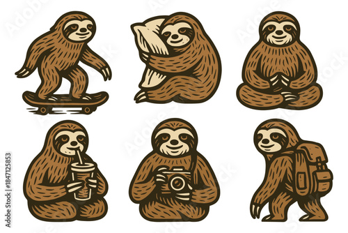 Cartoon sloths engaging in fun activities in vintage style