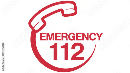 Red graphic illustrating the universal emergency number 112 with a telephone symbol