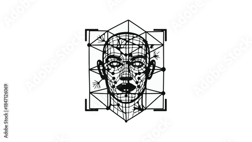 Geometric face wireframe illustration with grid lines and shapes on white background for design technology concept