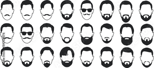 Male Head Icons Vector with Hairstyles Beards and Mustaches