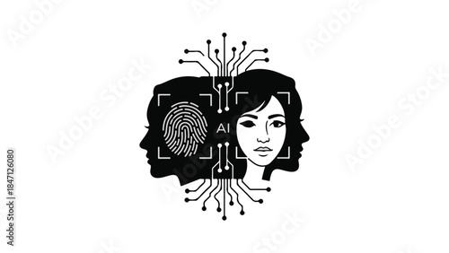 Artificial intelligence and human face illustration, robotic and human side by side, technology and person concept, futuristic design, innovative AI symbol