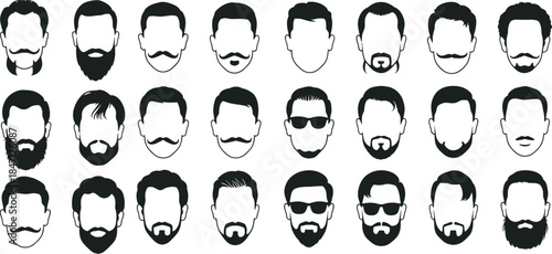 Male Head Icons with Hairstyles Beards and Mustaches Vector