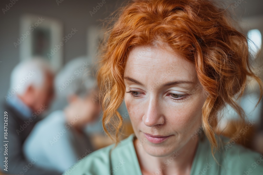 Naklejka premium Thoughtful Woman with Red Hair in a Serious, Contemplative Mood