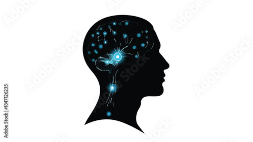 Human brain with glowing blue neural connections and sparks, symbolizing ideas, innovation, and creativity in a modern conceptual illustration