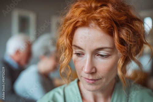 Thoughtful Woman with Red Hair in a Serious, Contemplative Mood