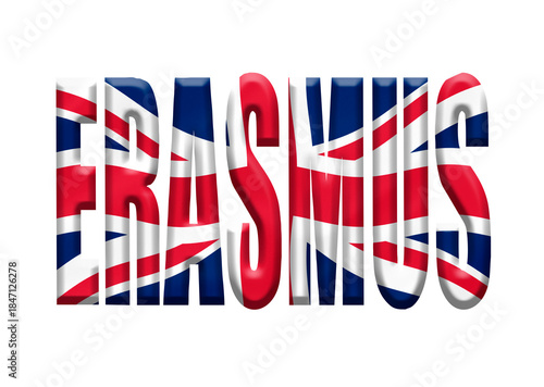 Digital Composite. The word ERASMUS with a fabric overlay of the Union Jack flag. The Erasmus programme is a student exchange scheme between European countries. 