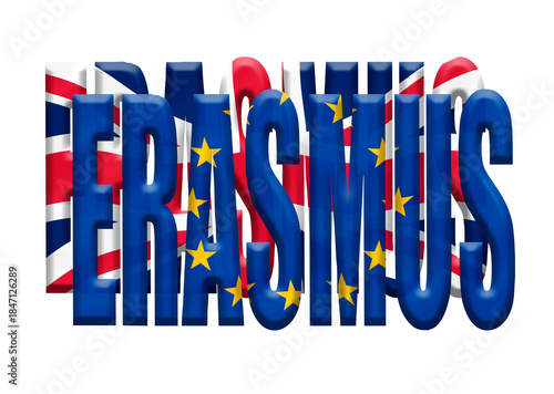 Digital Composite.The word ERASMUS with a fabric overlay of the European Union and Union Jack flags. The Erasmus programme is a student exchange scheme between European countries. 