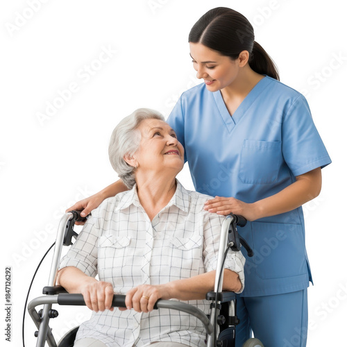 A compassionate nurse assists smiling elderly woman in a wheelchair, symbolizing care and support isolated on transparent background