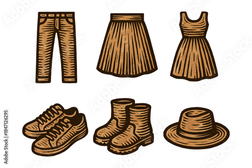 Vintage fashion collection: rustic apparel and accessories in hand-drawn style