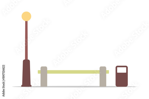 Bench, street lamp, and trash can. Colored silhouette. Front and side view. Vector simple flat graphic illustration. Isolated object on a white background.