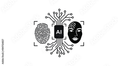 Artificial intelligence AI robot face with fingerprint and circuit board elements on white background, representing technology and innovation concept