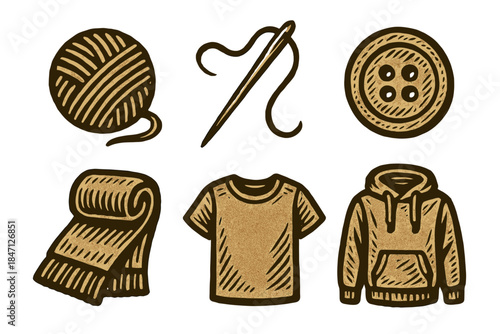 Vintage craft elements: knitting and sewing icons with needle, yarn, button, and clothing