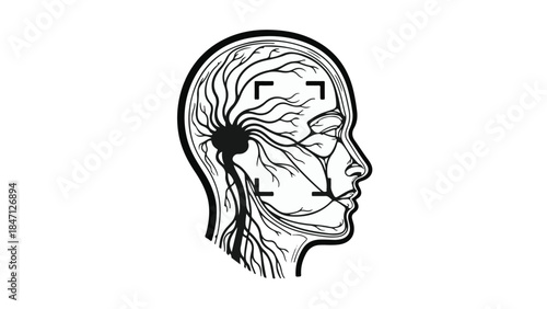 Human head with flower growing out of brain, symbolizing nature connection and mindfulness, side profile illustration for wellness and spirituality concepts