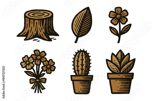 Rustic nature icons featuring flowers, cactus, leaf, tree stump, and potted plants