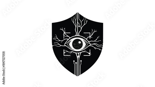 Black shield emblem with eye and tree branches symbol vector illustration for protection security concept