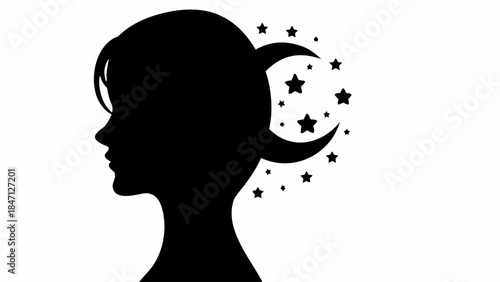 Profile silhouette of Loretta looking towards a serene crescent moon in a starry night sky. Peaceful, celestial fantasy scene.