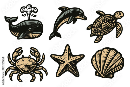 Vintage marine life set: whale, dolphin, turtle, crab, starfish, shell