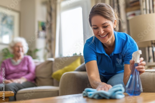 Smiling Caregiver Polishing a Coffee Table in a Senior's Home