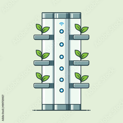 Smart Vertical Hydroponic Farming System with IoT Sensors. Concept of sustainable agriculture, smart farming technology, and indoor food production.